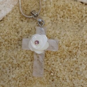 Shell Rose & Quartz Cross Necklace, 925, Womens Necklace Jewelry
